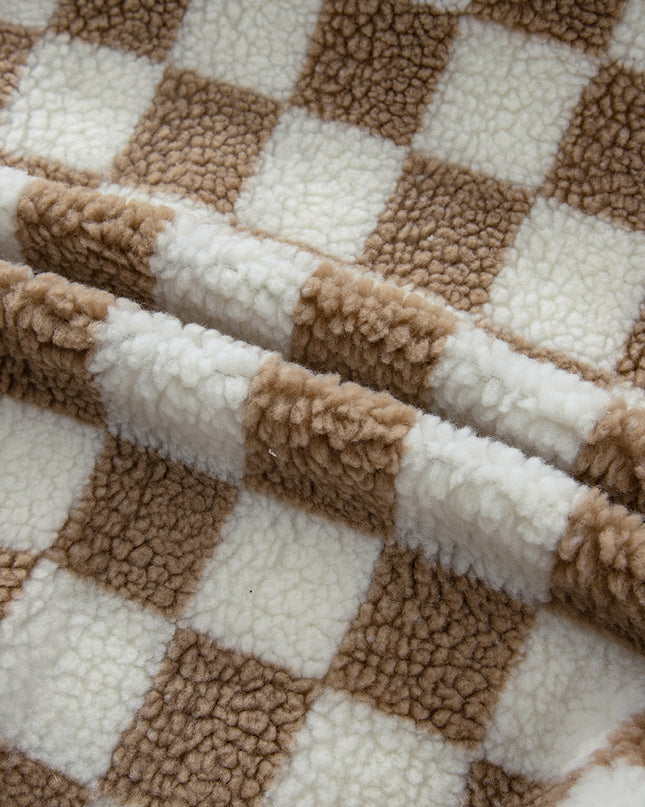 Khaki Checkered Sherpa Collared Jacket Vest