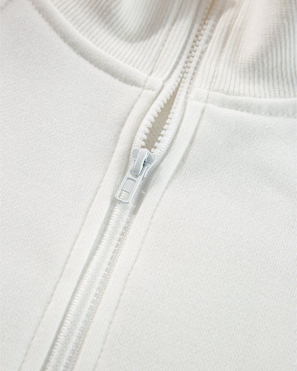 White Zipper Collared Drop Shoulder Plain Sweatshirt