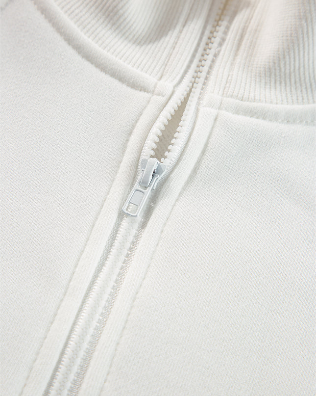 White Zipper Collared Drop Shoulder Plain Sweatshirt