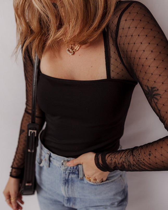 Black Polka Dot Mesh Long Sleeve Square Neck Bodysuit