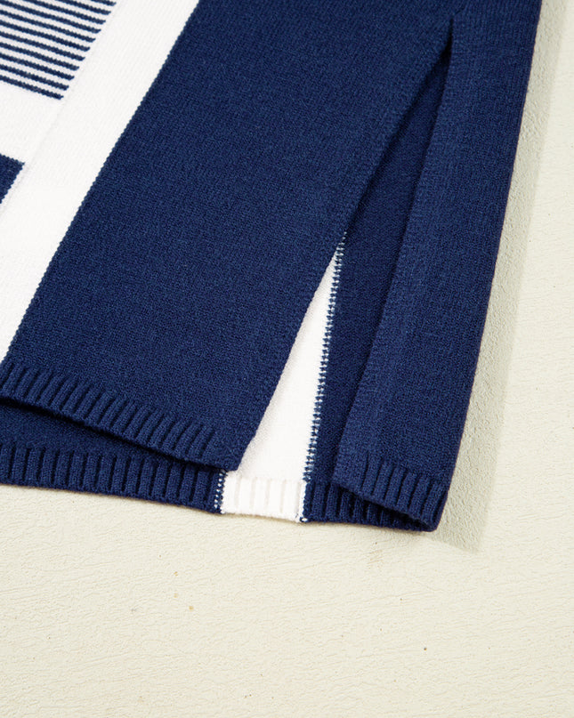 Blue Striped Colorblock Patchwork Dolman Oversize Tunic Sweater