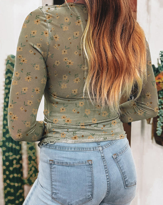 Laurel Green Vintage Floral Print Mesh Slim Fit Long Sleeve Top