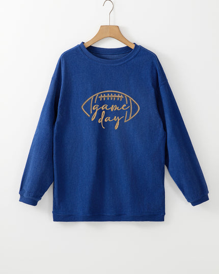 Dark Blue Football Graphic Drop Shoulder Game Day Corded Sweatshirt