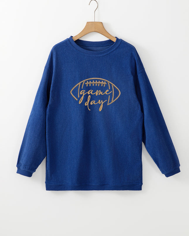 Dark Blue Football Graphic Drop Shoulder Game Day Corded Sweatshirt