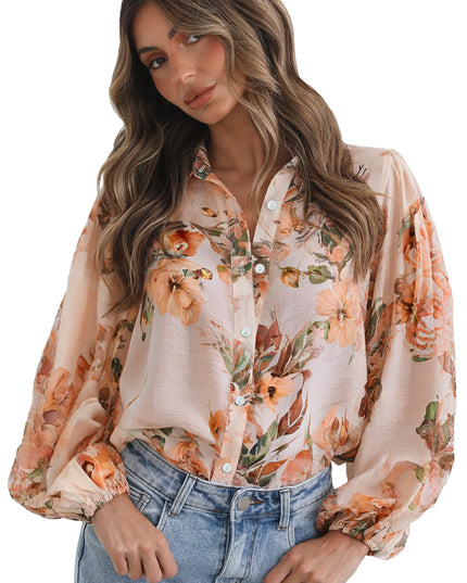 Orange Floral Puff Sleeve Lightweight Shirt
