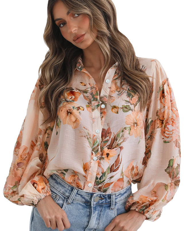 Orange Floral Puff Sleeve Lightweight Shirt