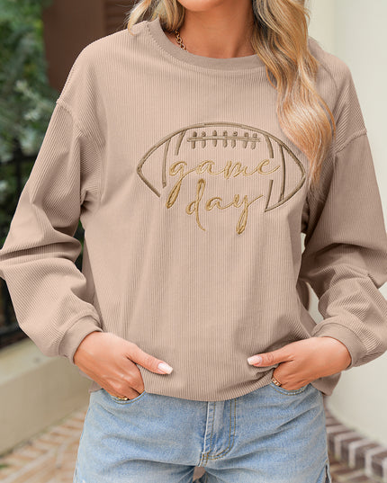 Dark Blue Football Graphic Drop Shoulder Game Day Corded Sweatshirt