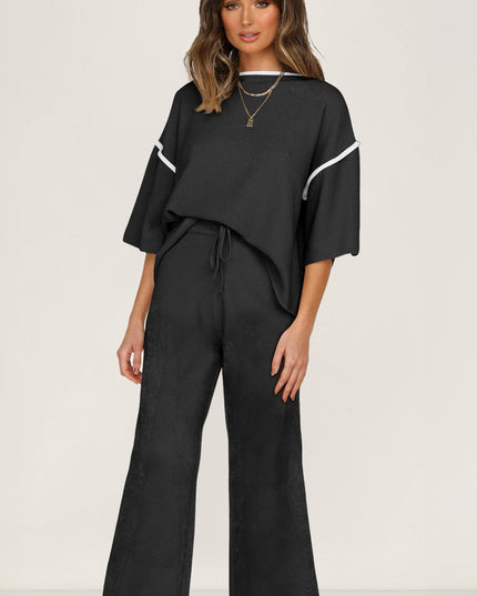 Navy Blue Loose Contrast Trim Half Sleeve Top and Drawstring Pants Set