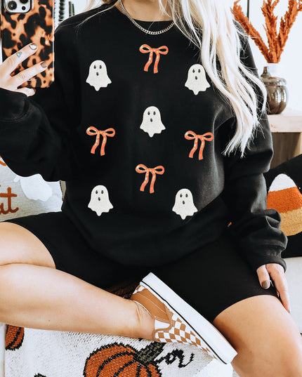Black Halloween Ghost Bow Sequin Patched Drop Shoulder Sweatshirt