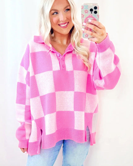 Pink Checkered Button Collared Sweater
