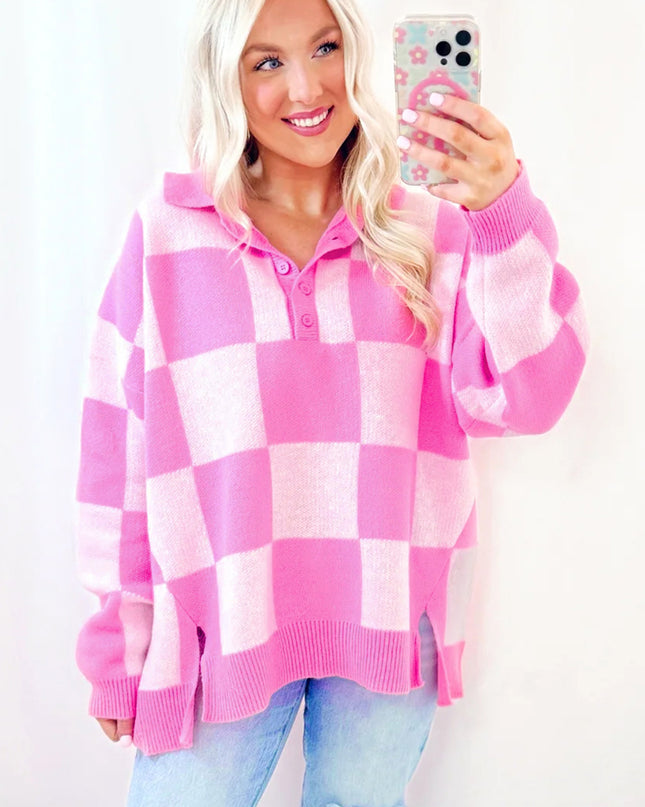 Pink Checkered Button Collared Sweater