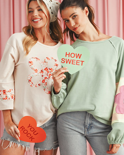 Smoke Green Flower Patchwork Exposed Seam Raglan Sleeve Top