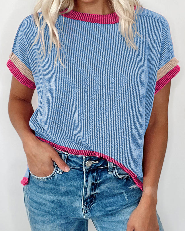 Rose Red Textured Colorblock Round Neck T Shirt