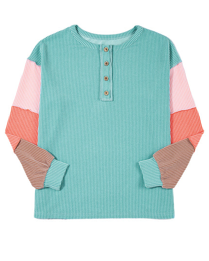 Multicolour Twisted Ribbed Colorblock Patchwork Henley Top