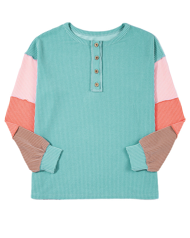 Multicolour Twisted Ribbed Colorblock Patchwork Henley Top