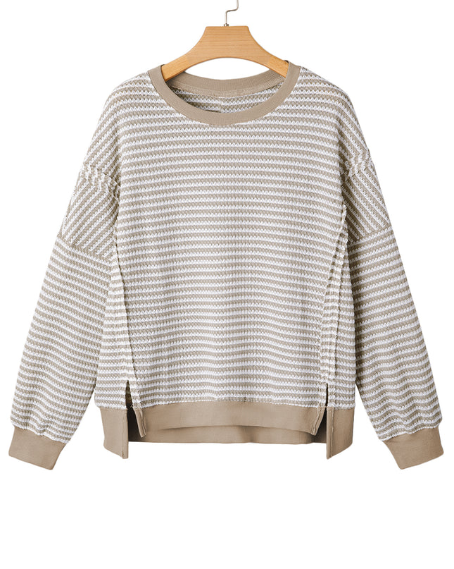 Brown Stripe Ribbed Trim Drop Shoulder Long Sleeve Oversized Top