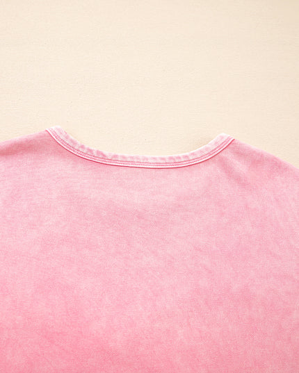 Bright Pink Mineral Wash Waffle Bow Patched Pullover Sweatshirt