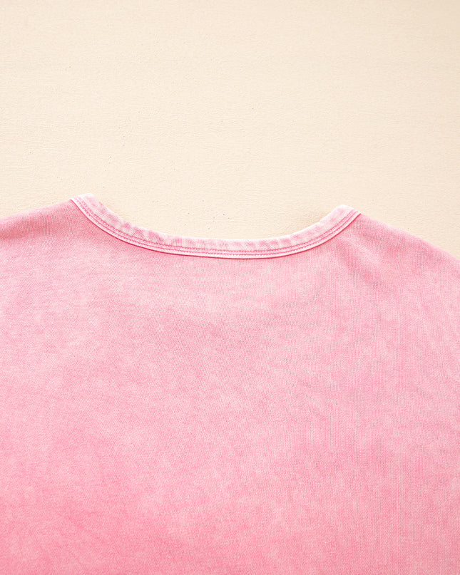 Bright Pink Mineral Wash Waffle Bow Patched Pullover Sweatshirt