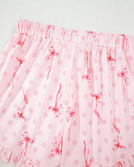 Pink Polka Dot and Bow Print Ruffle Hem Shorts Pajama Set