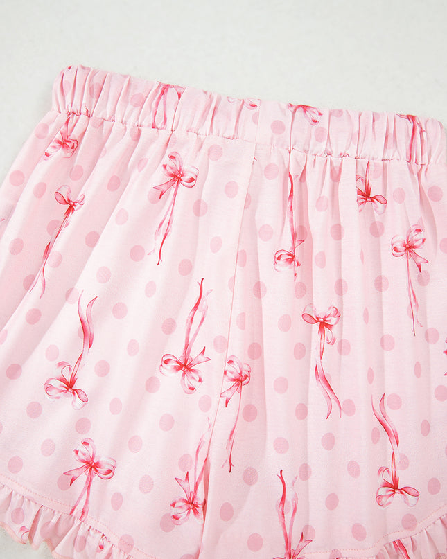 Pink Polka Dot and Bow Print Ruffle Hem Shorts Pajama Set