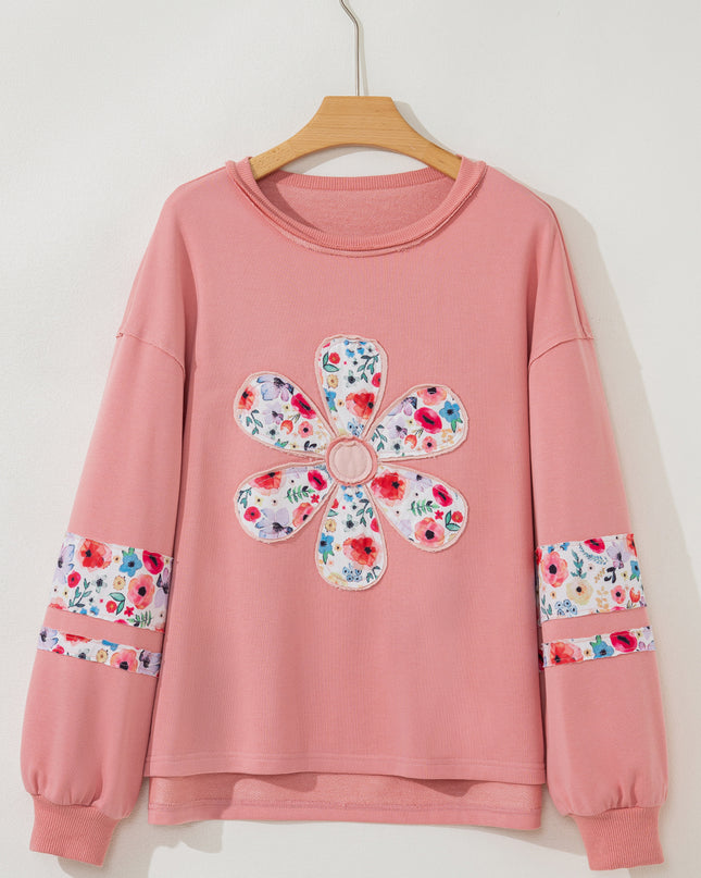 Peach Blossom Flower Applique Patchwork Drop Sleeve Pullover Sweatshirt