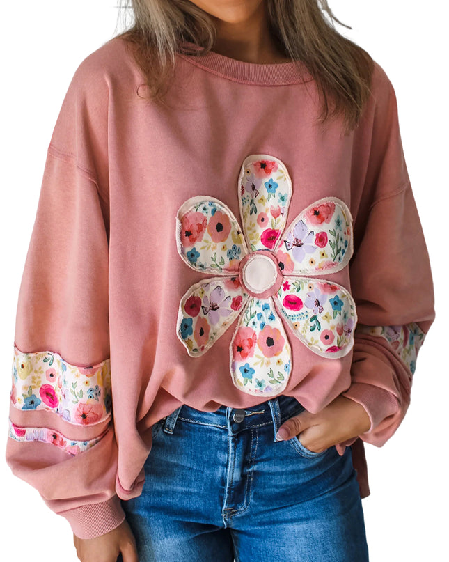 Peach Blossom Flower Applique Patchwork Drop Sleeve Pullover Sweatshirt