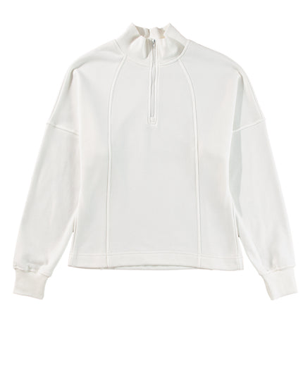White Zipper Collared Drop Shoulder Plain Sweatshirt