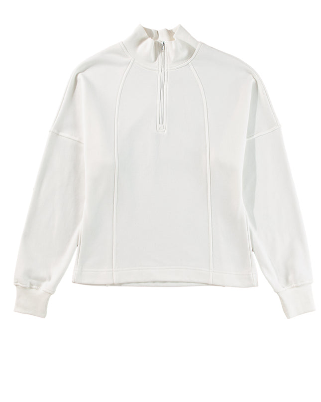 White Zipper Collared Drop Shoulder Plain Sweatshirt