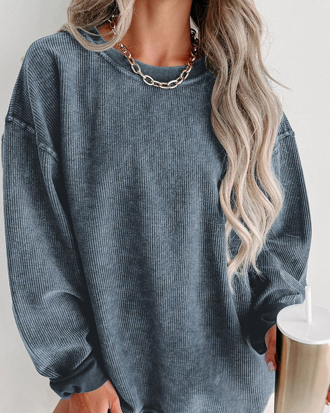 Green Ribbed Round Neck Drop Sleeve Pullover Sweatshirt