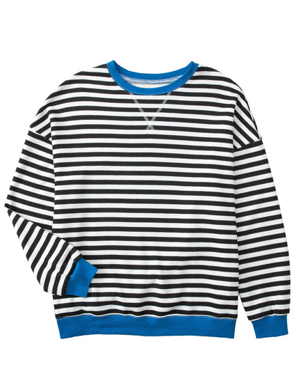 Blue Striped Contrast Trim Drop Shoulder Sweatshirt