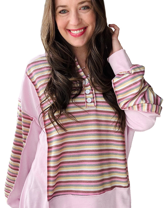 Pink Striped Patchwork Button V Neck Pullover Sweatshirt