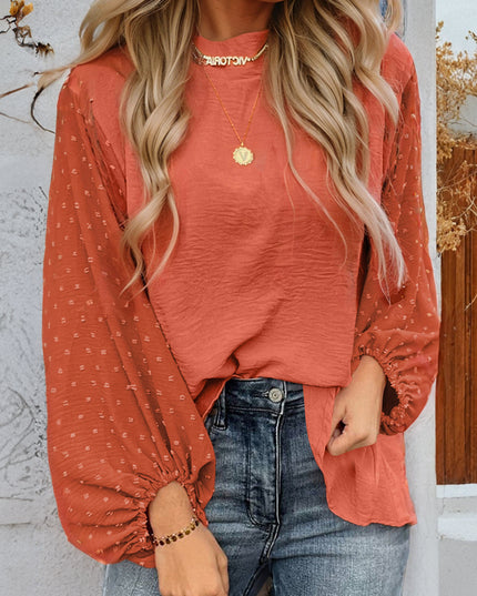 Russet Orange Swiss Dot Balloon Sleeve Patchwork Crinkle Blouse