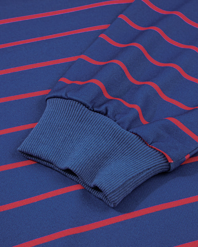 Blue Striped Overlap Detail Drop Shoulder Pullover Sweatshirt