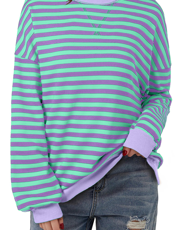 Blue Striped Contrast Trim Drop Shoulder Sweatshirt