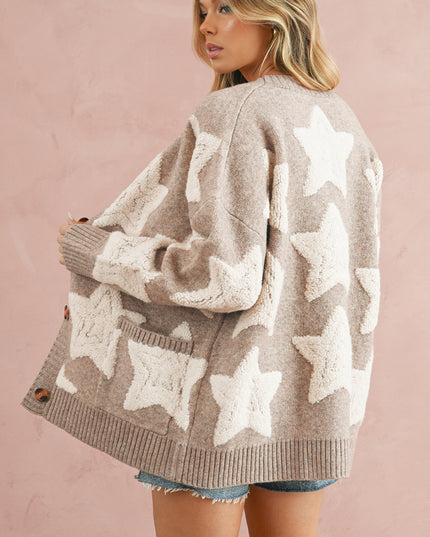 Khaki Star Pattern Pockets Button Front Cardigan