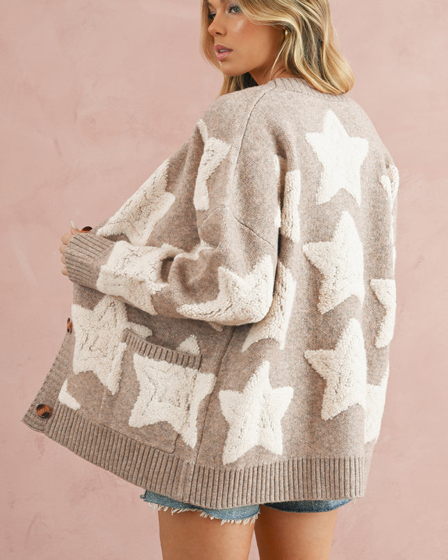Khaki Star Pattern Pockets Button Front Cardigan