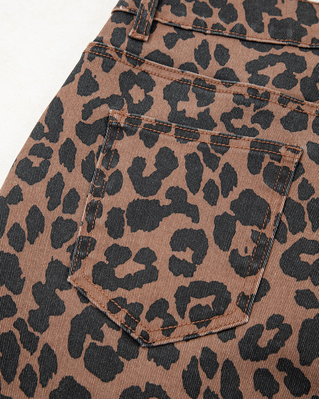 Brown Leopard Frayed Split Denim Midi Skirt