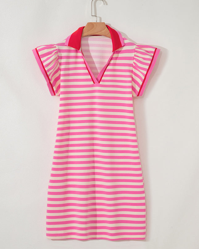 Green Striped Ruffle Short Sleeve Pop of Color Neckline Dress