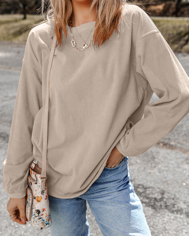 Red Plain Drop Sleeve Rib Knit Oversized Sweatshirt