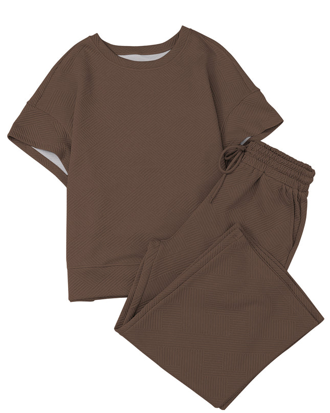 Black Textured Loose Fit T Shirt and Drawstring Pants Set