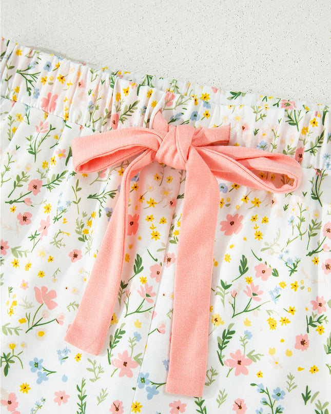 Pink Polka Dot and Bow Print Ruffle Hem Shorts Pajama Set