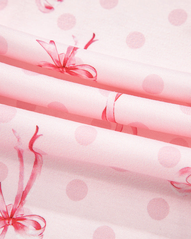 Pink Polka Dot and Bow Print Ruffle Hem Shorts Pajama Set