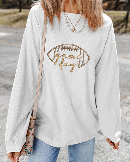 Dark Blue Football Graphic Drop Shoulder Game Day Corded Sweatshirt