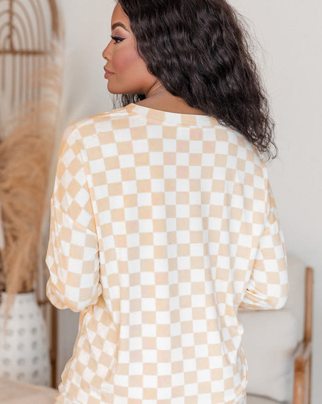 Beige Checkered Print Long Sleeve Loose Fit Pajama Set