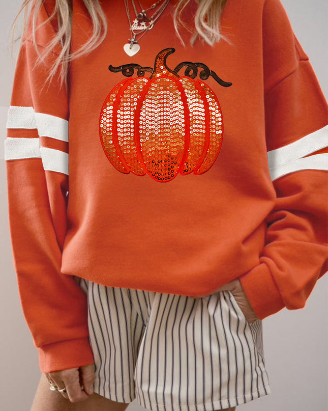 Sequin Pumpkin Varsity Sweatshirt – Oversized Cozy Fall Pullover (Orange)