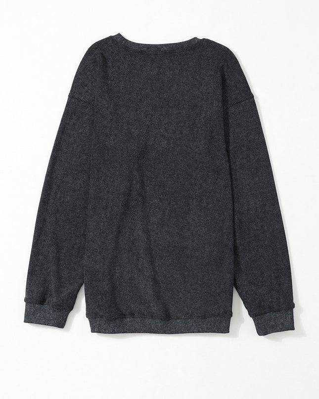 Green Ribbed Round Neck Drop Sleeve Pullover Sweatshirt
