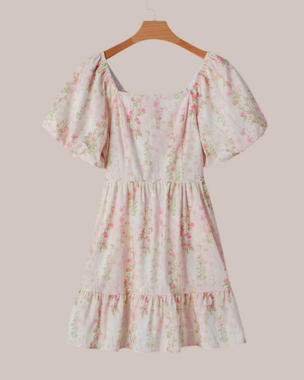 Pink Floral Puff Sleeve Square Neck Knotted Backless Ruffle Mini Dress
