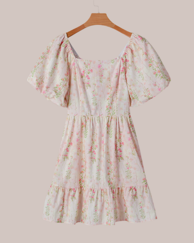 Pink Floral Puff Sleeve Square Neck Knotted Backless Ruffle Mini Dress