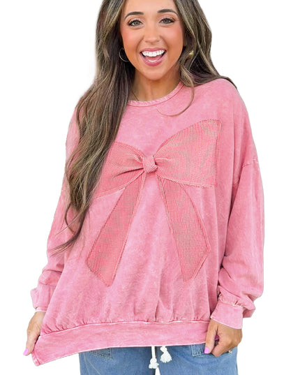 Bright Pink Mineral Wash Waffle Bow Patched Pullover Sweatshirt
