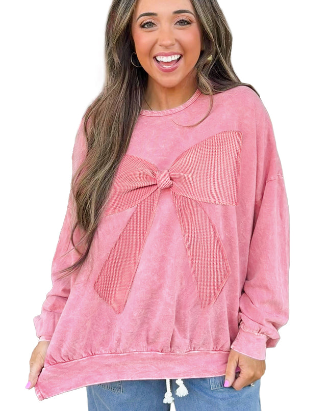 Bright Pink Mineral Wash Waffle Bow Patched Pullover Sweatshirt